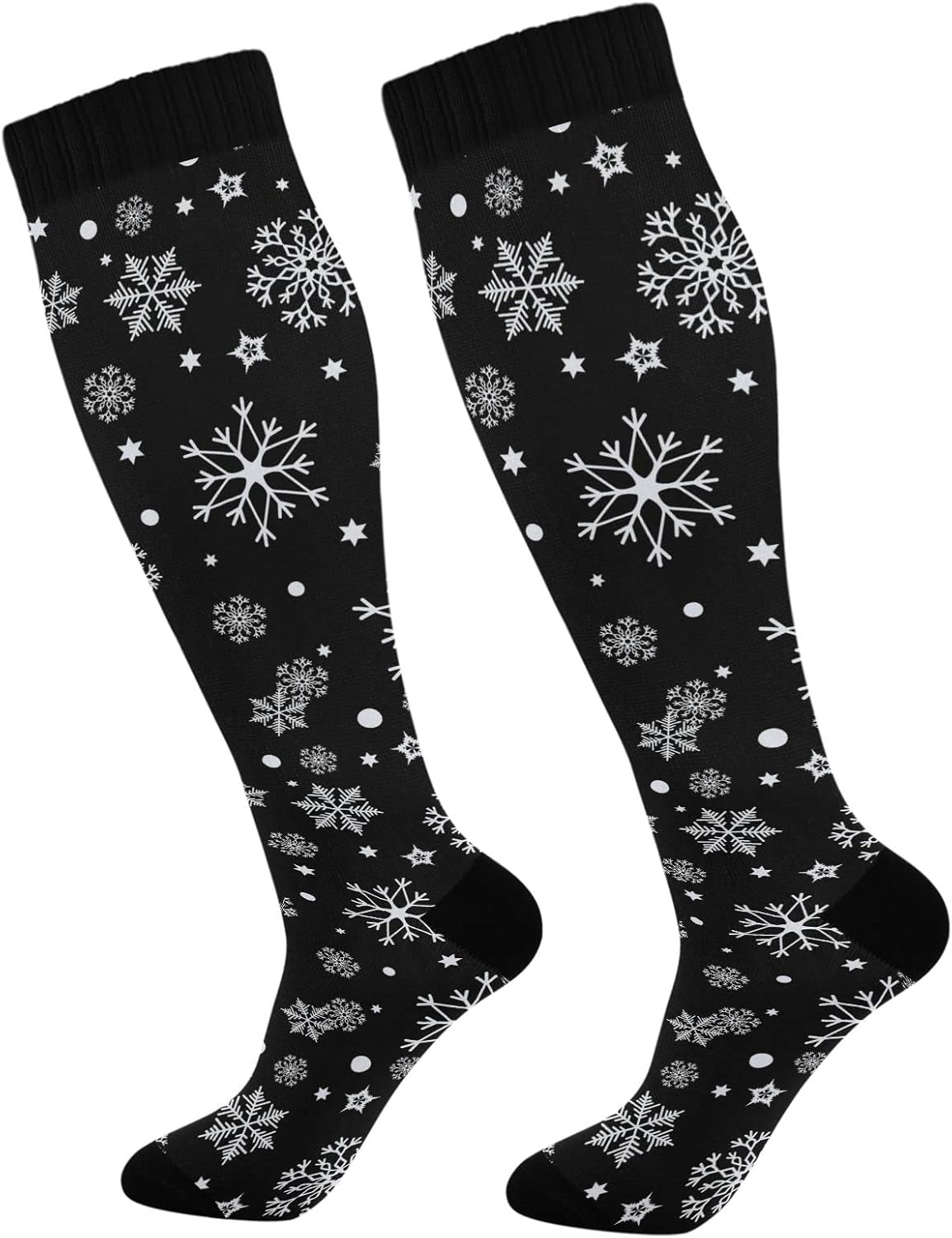 Kigai Knee High Socks Christmas Black Snowflake Compression Sock 1 Pair Casual Athletic Tube Socks for Soccer Women Men Medical Nurse Warm Stockings, 20-30mmHg