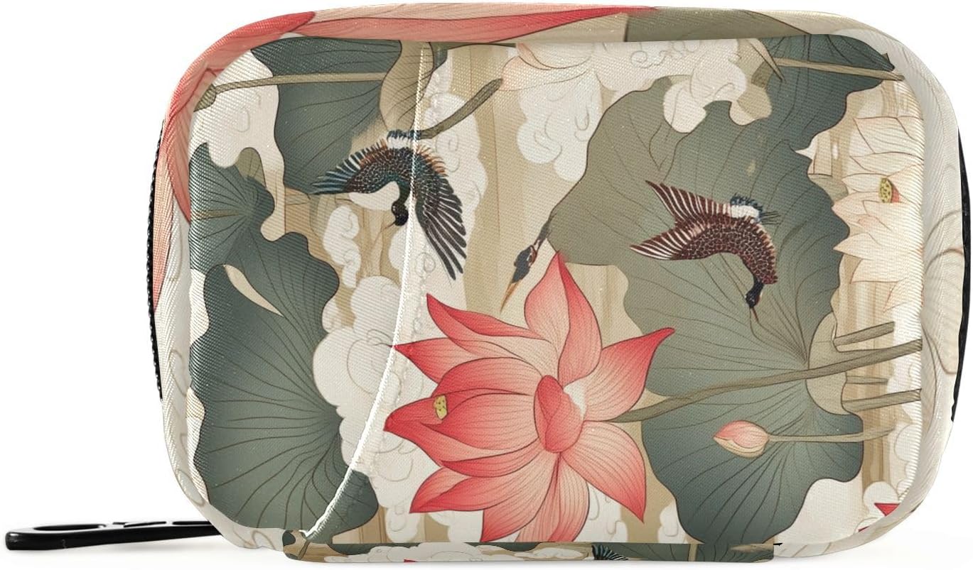 Elegant Lotus Flowers Crane Travel Pill Organizer Case Box Container Weekly Portable Vitamin Medicine Holder Storage Bag with Zipper Removable
