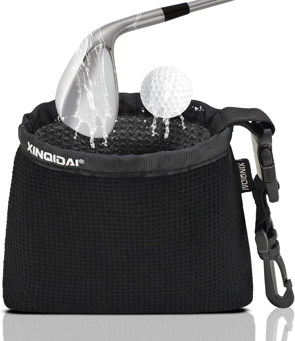 Golf Club and Golf Ball Cleaning Bag - Cleans Club Grooves, Golf Bag Accessories,Waterproof Clean Face Tech, Detachable Clip, Machine Washable,Golfer Gifts for Men(1-Pack,BLACK)