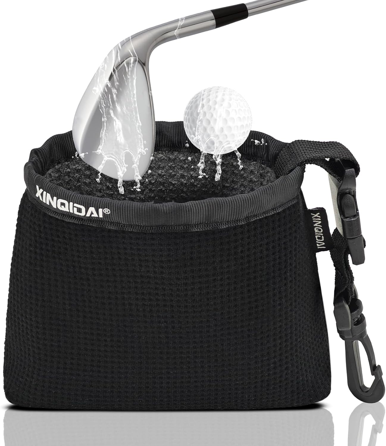 Golf Club and Golf Ball Cleaning Bag - Cleans Club Grooves, Golf Bag Accessories,Waterproof Clean Face Tech, Detachable Clip, Machine Washable,Golfer Gifts for Men(1-Pack,BLACK)