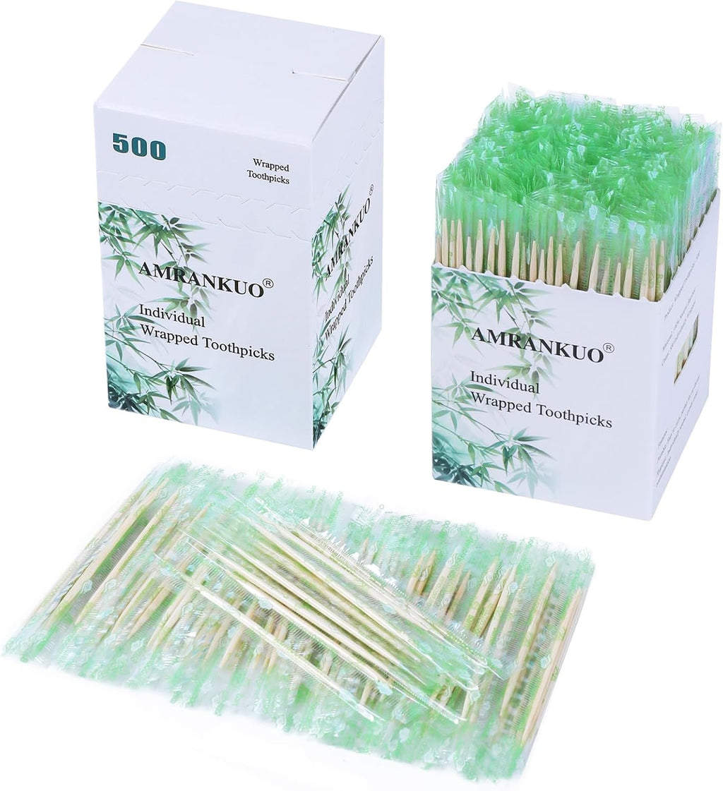 Individually Wrapped Bamboo Round Toothpicks, 2.5" Long, Double-Points, Natural & Sturdy, Perfect for Teeth Cleaning, Appetizers, Cocktails, Barbecue, Fruits & Olives,(500-Count*1)