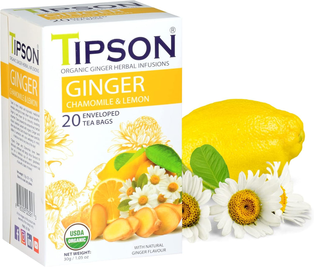 Tipson Organic Ginger Herbal Infusions - Ginger Chamomile & Lemon - 20 Premium Tea Bags (Pack of 1)