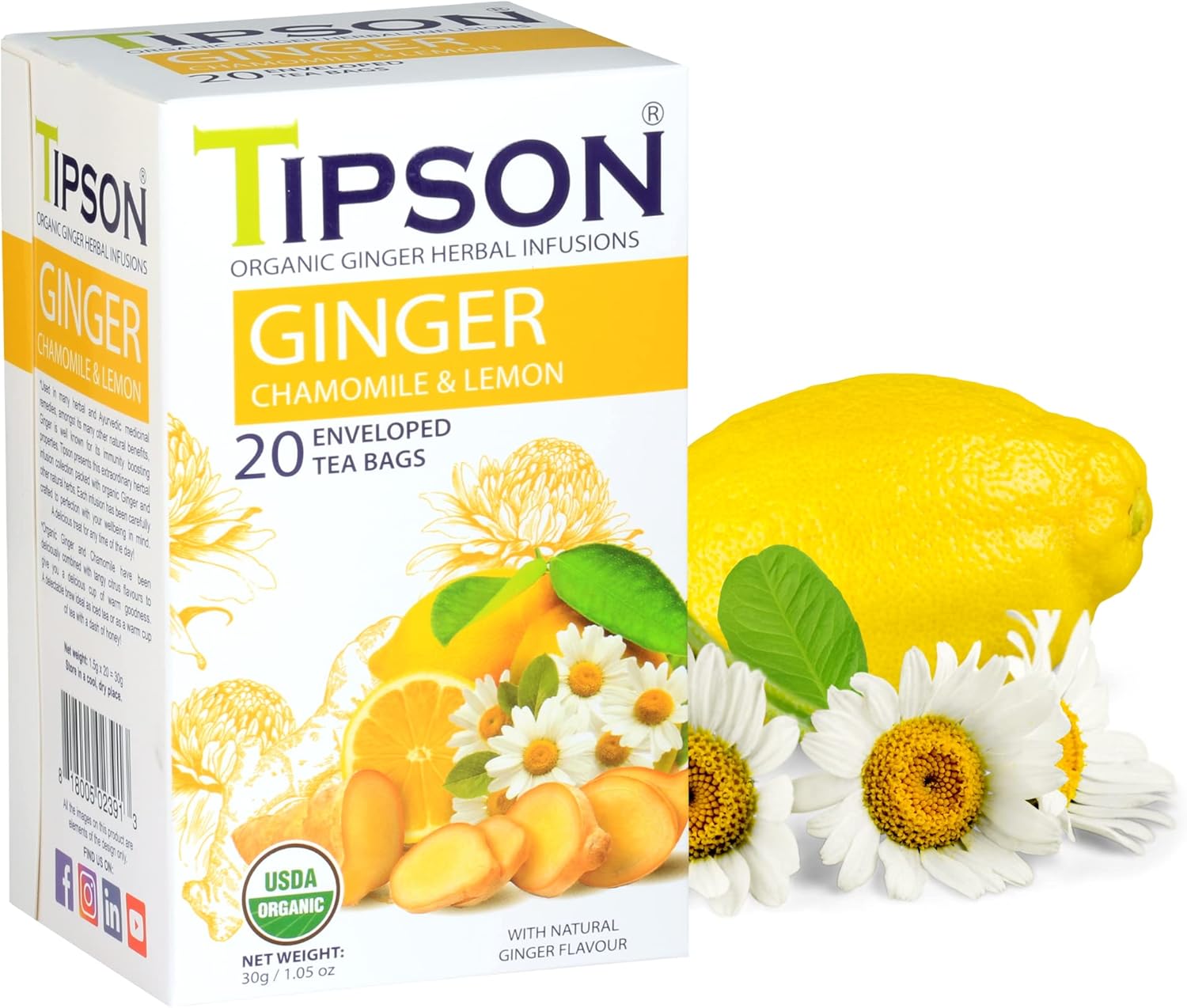 Tipson Organic Ginger Herbal Infusions - Ginger Chamomile & Lemon - 20 Premium Tea Bags (Pack of 1)