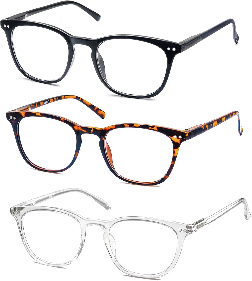 Reading Glasses for Women Men Stylish Readers +1.25 Lightweight Frame Reader Glasses for Reading 3 Pack Black/Tortoise/Clear Frames