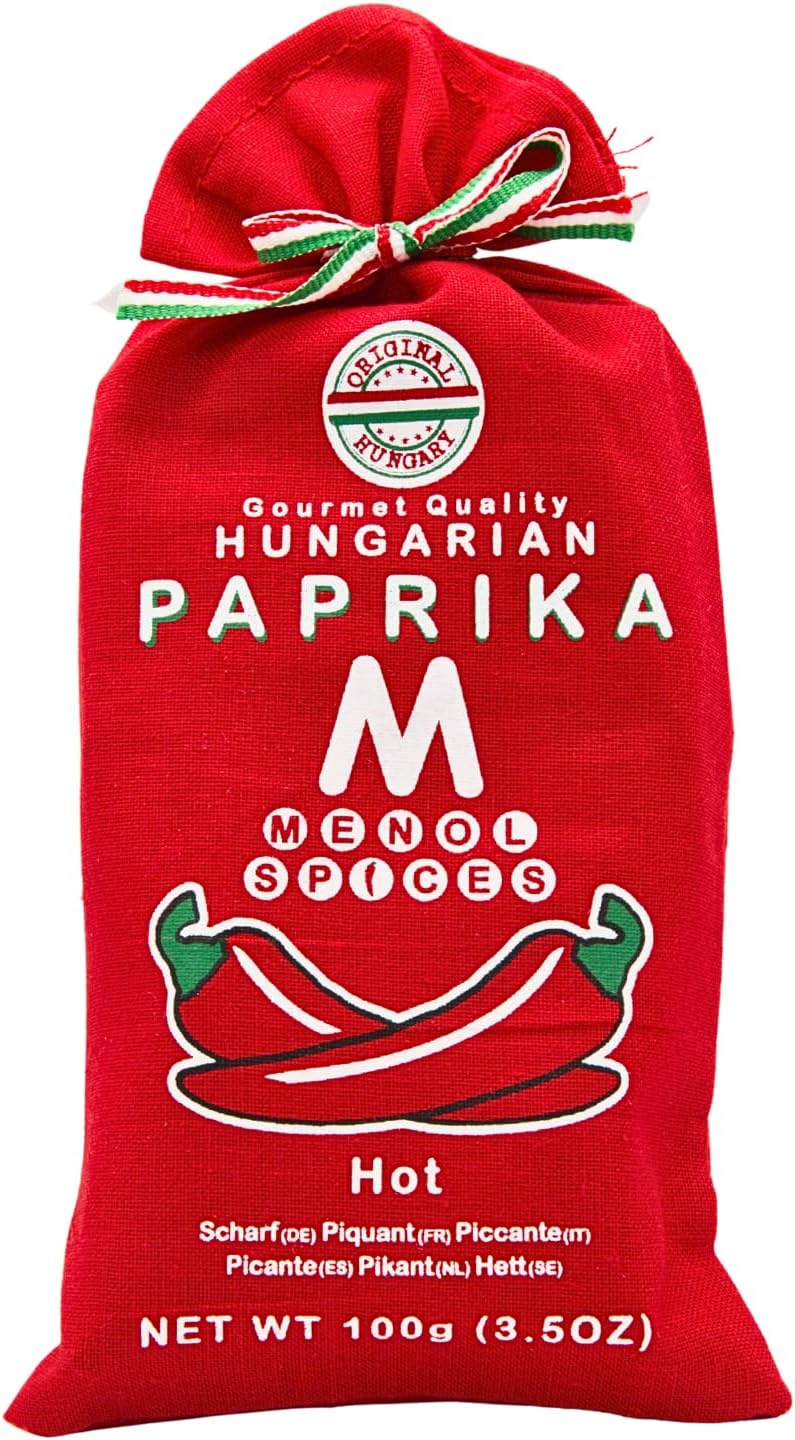 Menol Spices Authentic Hungarian Hot Paprika Powder (Hot, 3.5oz / 100g) Very Spicy Gourmet Quality, Produced in region of Szeged, Hungary, Incredible Flavor, Freshly ground