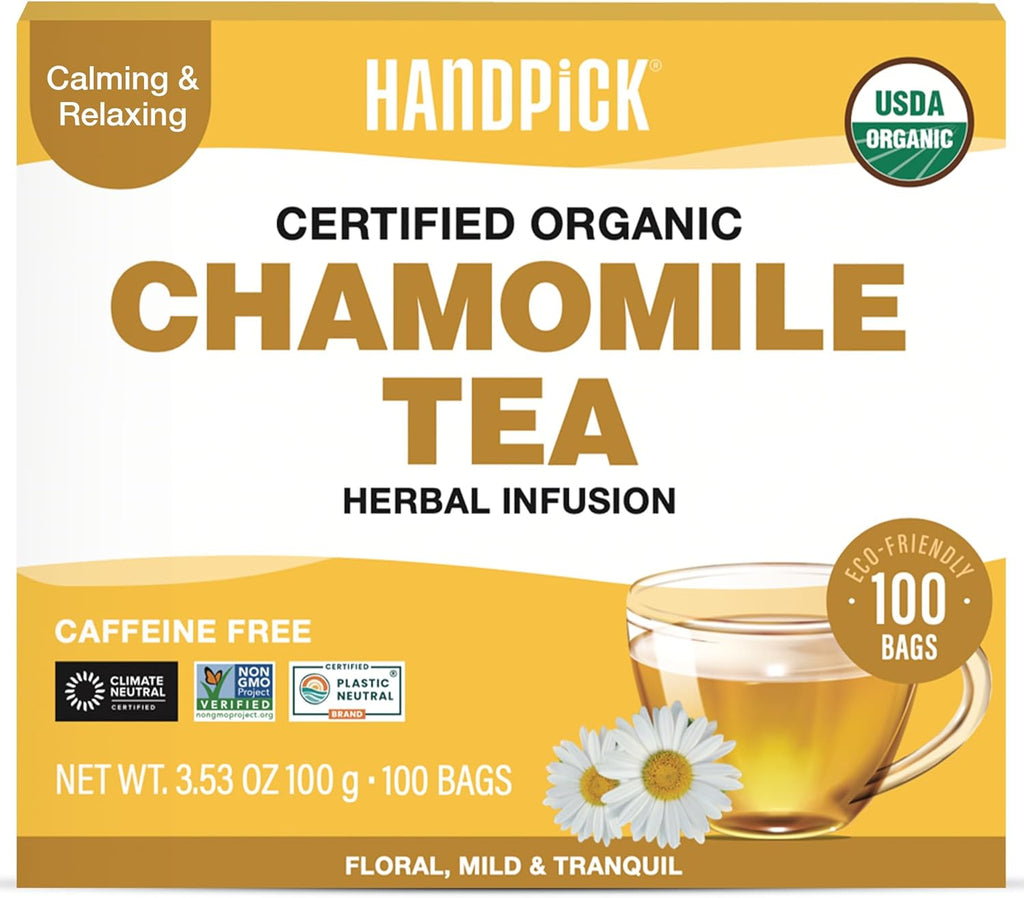 HANDPICK, Organic Chamomile Tea Bags (100 Herbal Tea Bags) Caffeine Free| Premium Floral Chamomile Herbal Tea in Eco-Conscious Teabags | Direct from Source