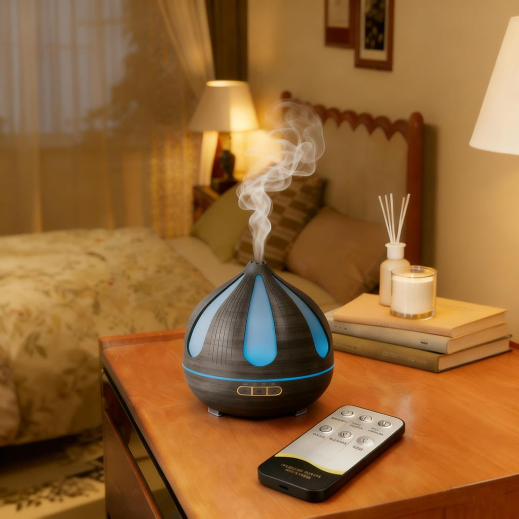 500ml Aroma Diffiser, Remote and Auto Shut-Off Essential Oil Diffuser for Bedroom, Yoga, Office and Home (Dark Brown)
