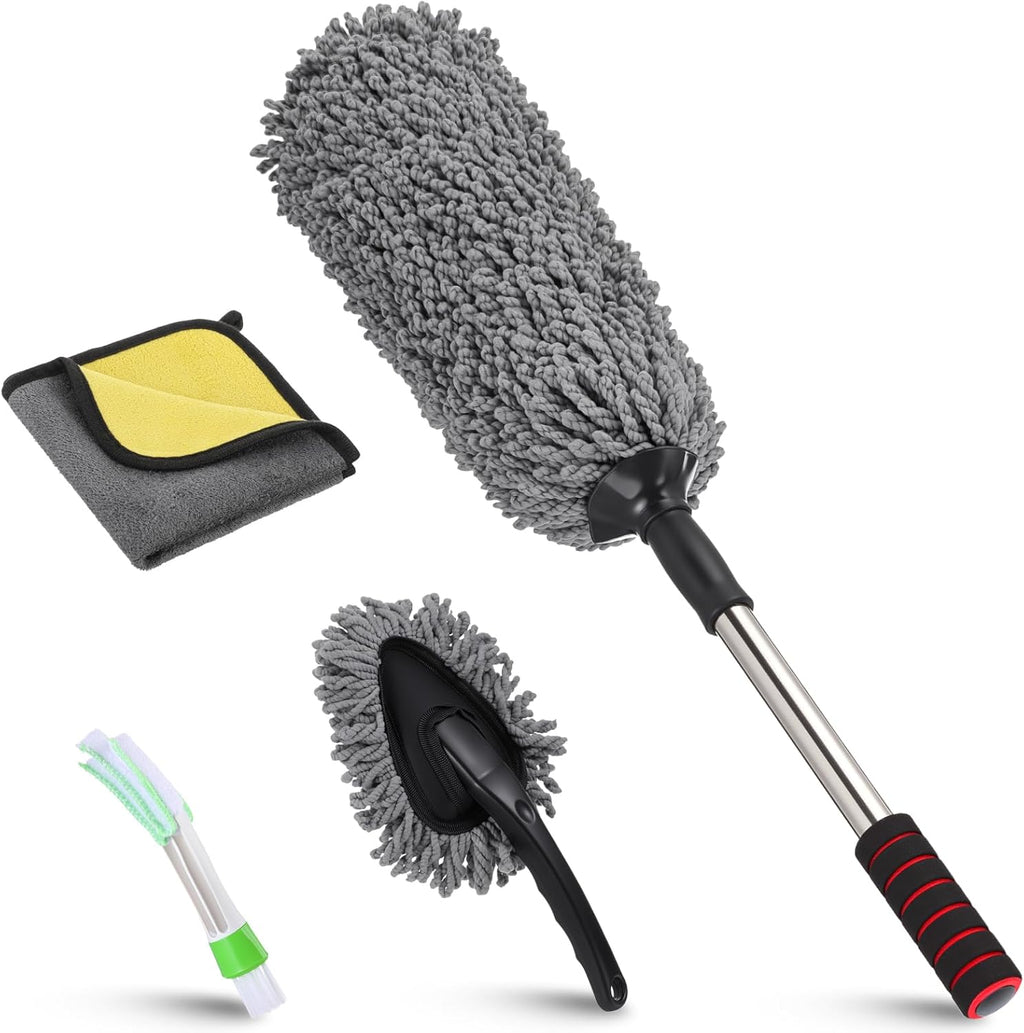 Lounsweer 4 Pcs Large Car Duster Set Microfiber Dust Cleaning Sets with Extendable Handle Exterior Duster Dashboard Detailing Brush Interior Exterior Cleaning Sets for Auto Truck Boat