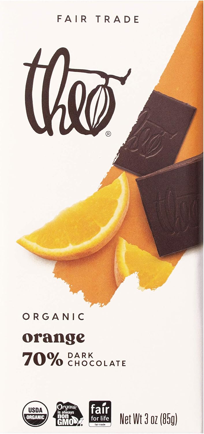 Theo Chocolate Orange Organic Dark Chocolate Bar, 70% Cacao, 12 Pack | Vegan, Fair Trade