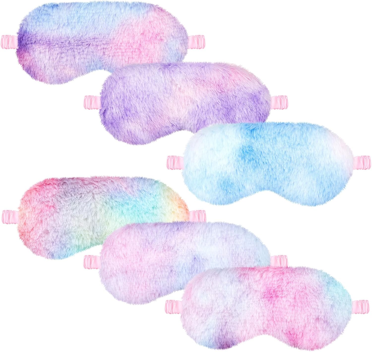 Cuffbow 6 Pack Plush Sleep Mask Set, Cute Plush Eye Masks for Sleeping, Soft Comfortable Travel Nap Blindfold, Sleepover Party Favors for Women(Tie Dye,Rainbow)
