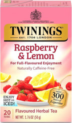 Twinings Raspberry & Lemon Herbal Tea Individually Wrapped Bags, 20 Count (Pack of 1), Unsweetened, Refreshing & Fruity, Naturally Caffeine-Free, Enjoy Hot or Iced