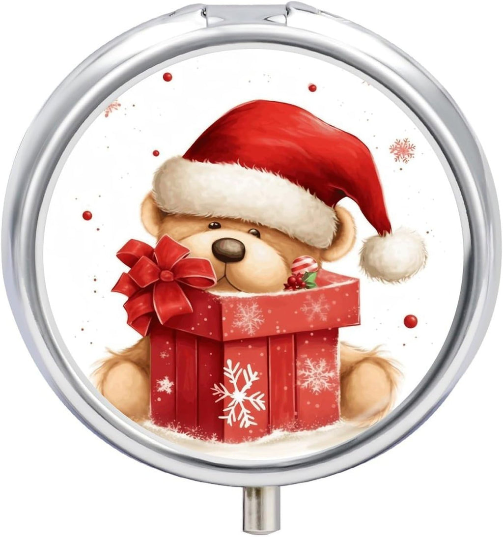 Santa Hat Gift and Merry Christmas Pill Organizer Round Pill Box Small Pill Case with 3 Compartment Travel Pill Container Portable Medicine Box Metal Medicine Organizer Medication Holder