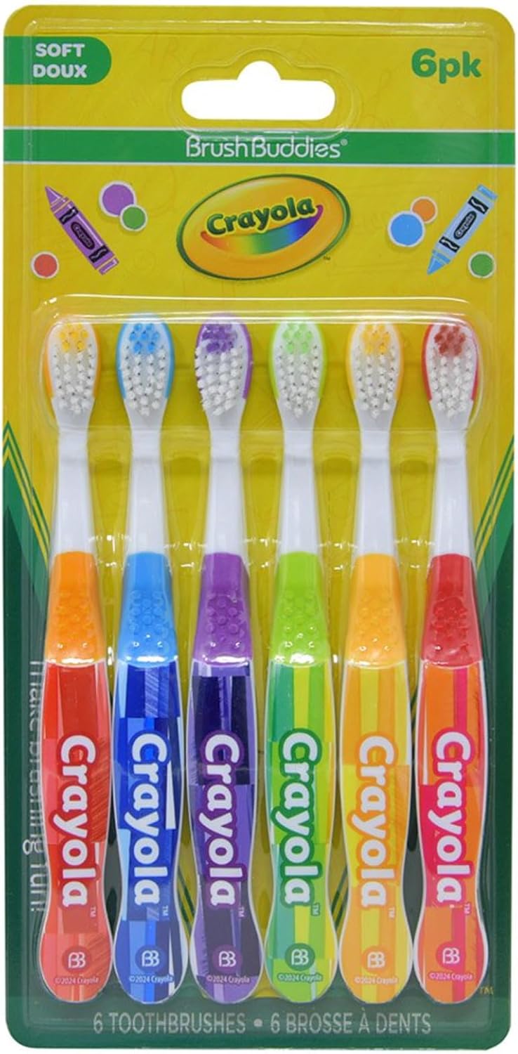 Brush Buddies Crayola Kids Toothbrushes 6PK – Soft Manual Toothbrushes for Toddlers & Children Ages 2-4 – BPA-Free, Colorful Designs, Gentle Bristles, Fun Crayola Toothbrush Set