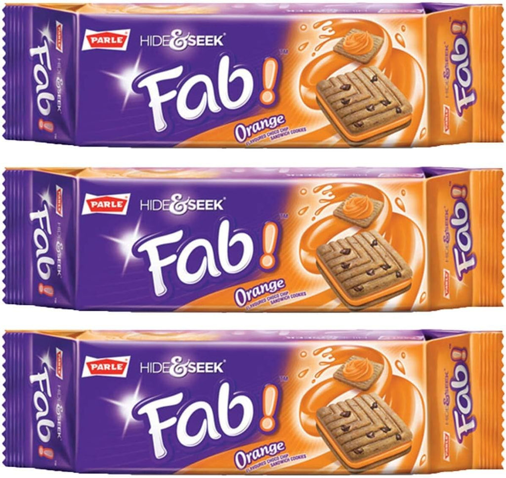 Parle Hide and Seek, Fab! Flavored Chocolate Chip Covered Cookies, Product of India, 3 Packs (Orange)