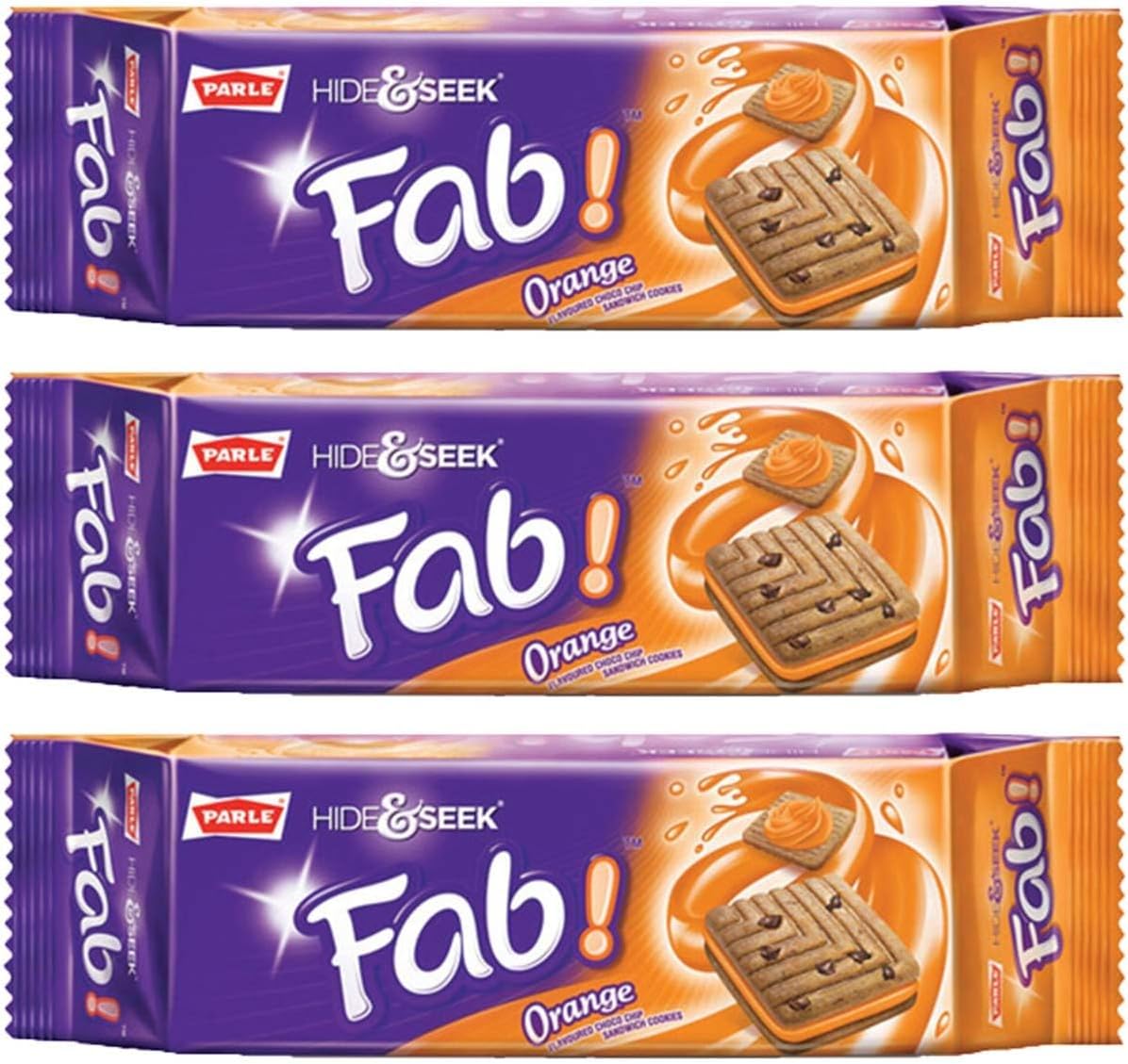 Parle Hide and Seek, Fab! Flavored Chocolate Chip Covered Cookies, Product of India, 3 Packs (Orange)