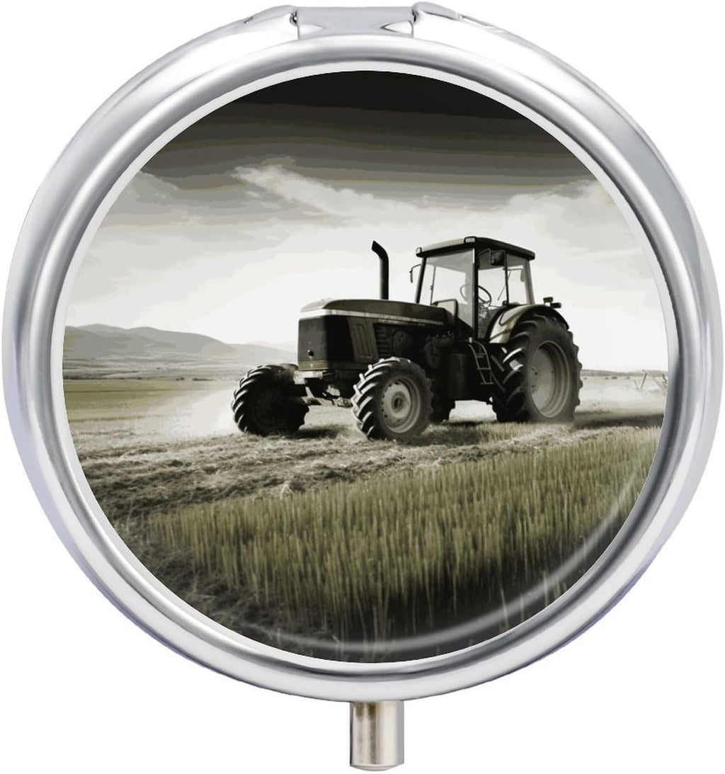 Round Pill Box Tractor Agriculture Tranquil Pill Case 3 Compartment Medicine Pill Organizer for Purse & Pocket Portable Travel Pillbox Medicine Vitamin Cod Liver Oil Storage Box Organizer