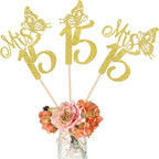 12 Pack Mis 15 Centerpiece Sticks, Happy 15th Birthday Party Decorations, Double Sided Gold Glitter Hello 15 Fabulous Table Toppers, Cheers to 15 Years Old Birthday Anniversary Party Decotations