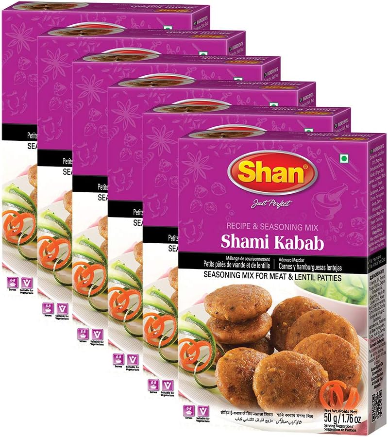 Shan Shami Kabab Recipe and Seasoning Mix 1.76 oz (50g) - Spice Powder for Traditional Meat & Lentil Patties - Suitable for Vegetarians - Airtight Bag in a Box (Pack of 6)