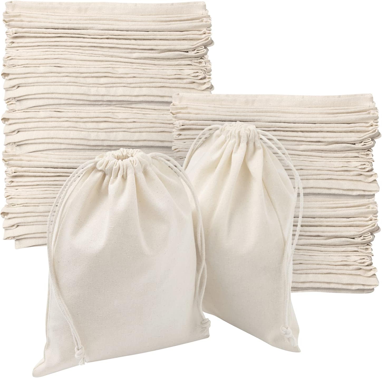 Drawstring Bags 100 Percent Cotton Bulk Wholesale - Heavy Duty Quality Pack of 100 - Size 6 x 8 (Natural Unbleached Cotton - Double Drawstring)
