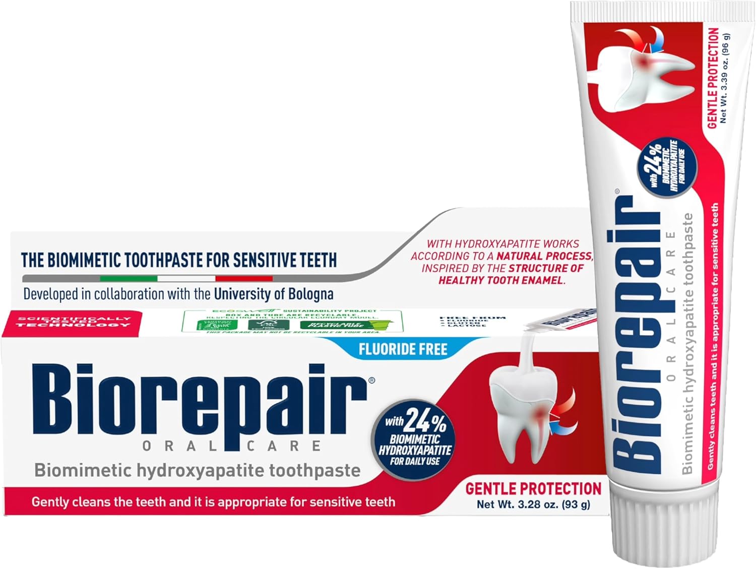 BIOREPAIR Gentle Protection- 24% Hydroxyapatite Toothpaste for Sensitive Teeth, Daily Use, Fluoride Free Toothpaste, Helps Prevents Plaque Build-Up & Freshens Breath, Oral Care, 3.28 Oz, Made in Italy