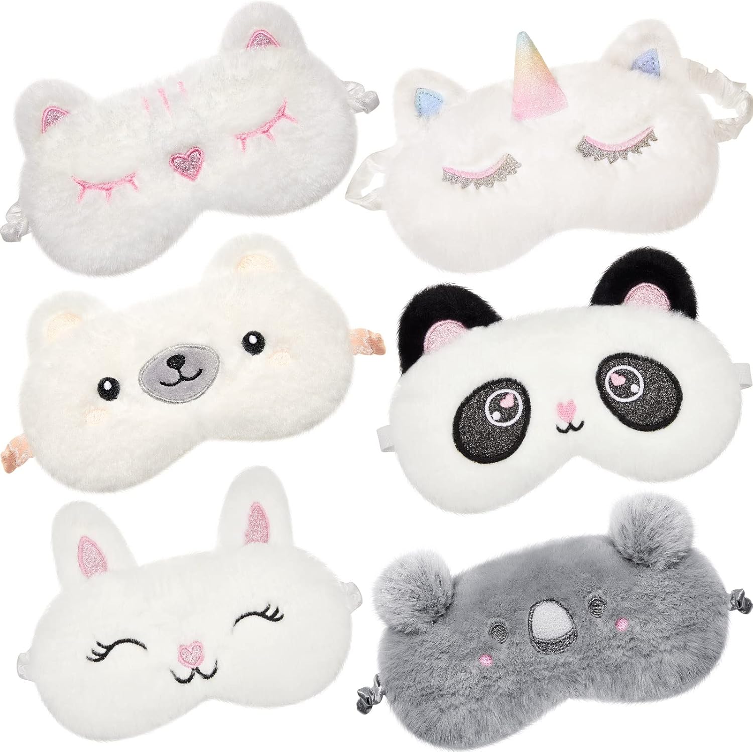 Geyoga 6 Pcs Sleep Mask Cute Unicorn Bunny Cat Sleeping Eye Cover Funny Soft Plush Blindfold Animal Shade Eyeshade Eye Covers for Women Adult Travel Nap Night Sleeping