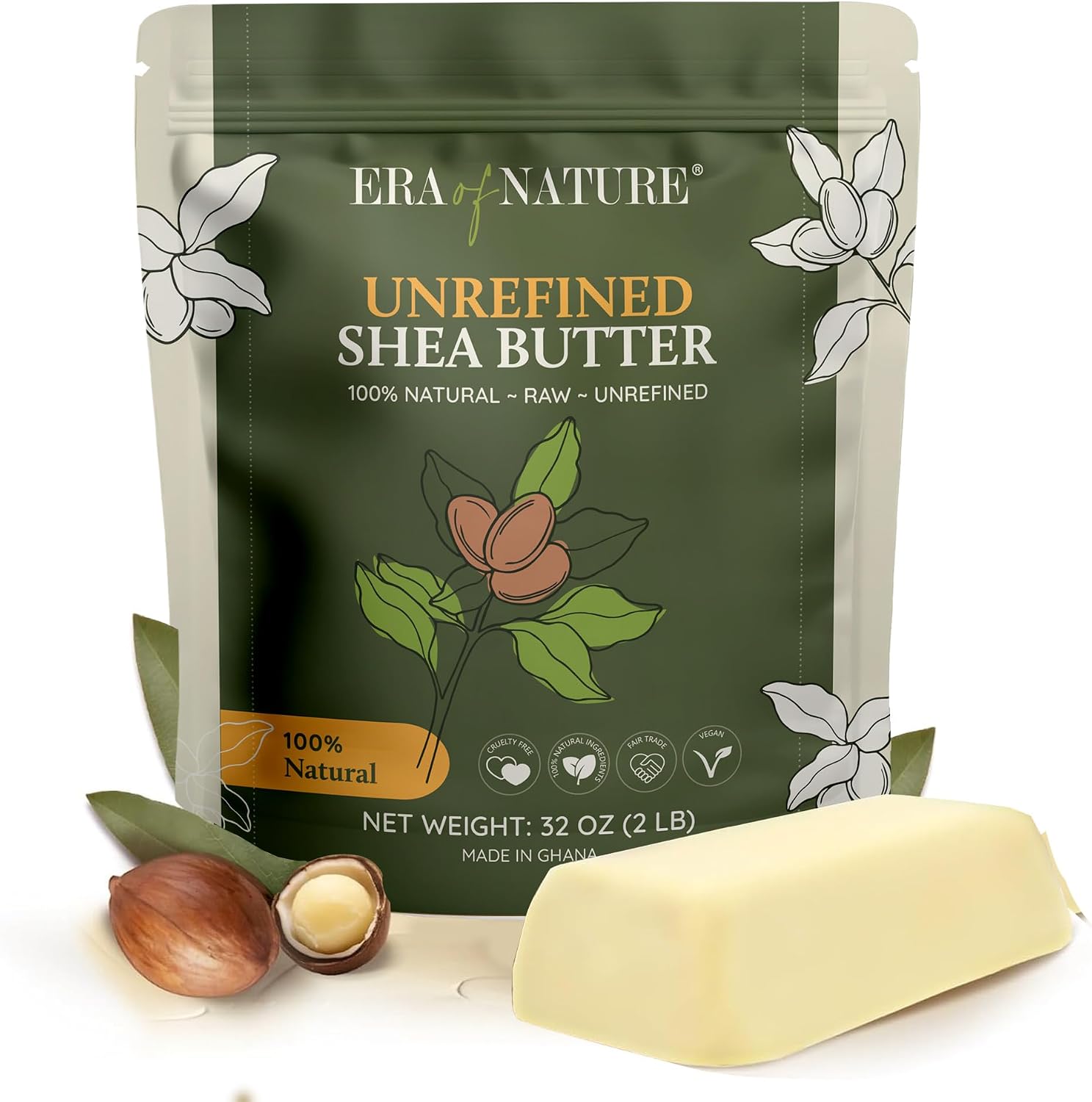 era of nature Organic Unrefined Raw African Ivory White Shea Butter 32oz - Moisturizing Raw Shea Butter Bar for Skin & Hair, DIY Lip Balm Base, Cream, Soap & Lotion Making Supplies Kit, Skincare