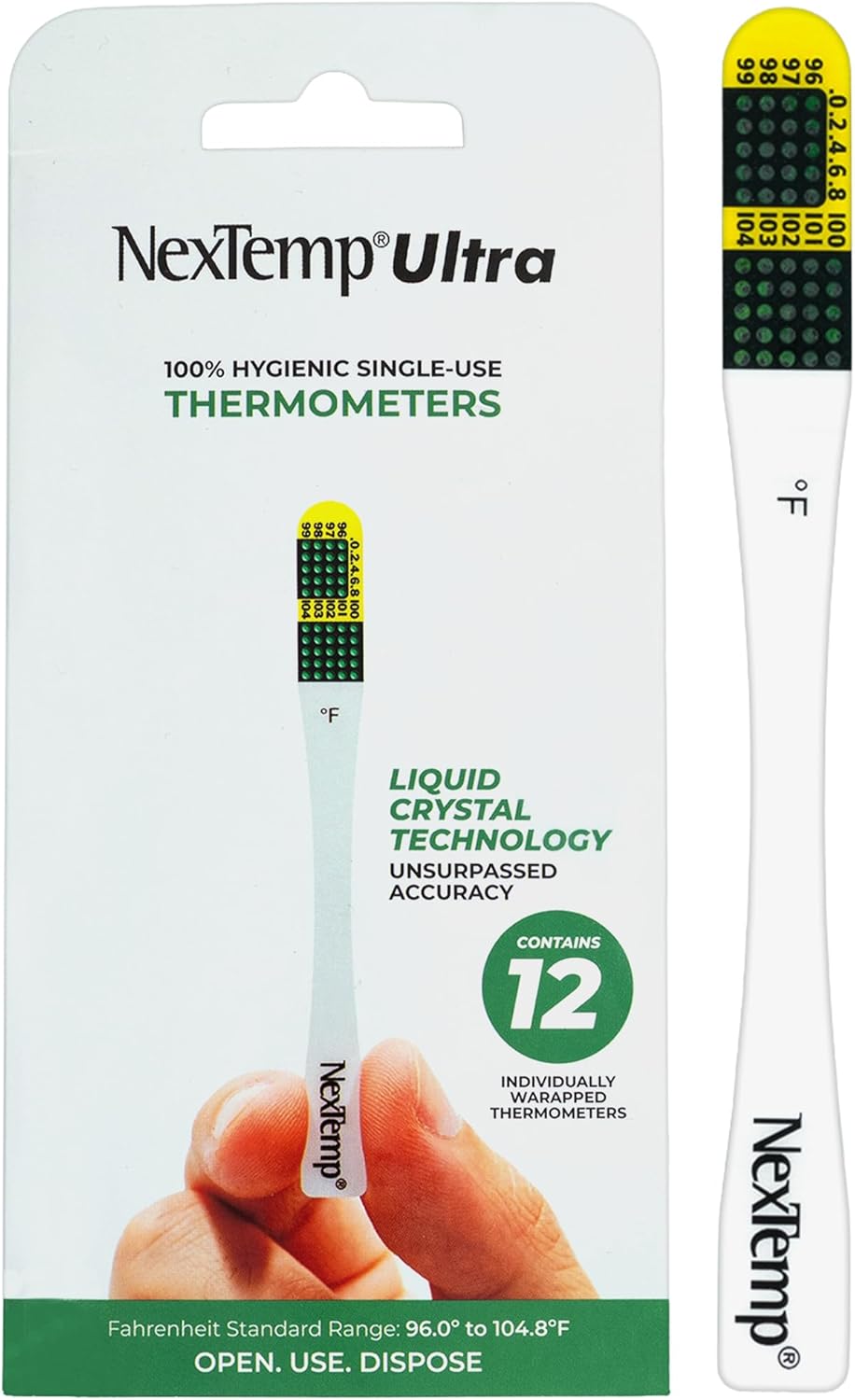 NexTemp Ultra Disposable Thermometer (12-Pack, Fahrenheit) — Oral Thermometer for Adults, Single Use, Battery Free, Hygienic, High Accuracy Readings in 1 Minute, for Home, Clinic & Travel