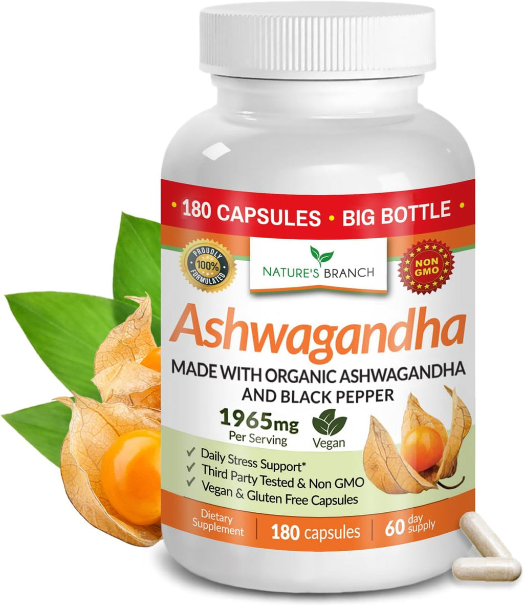 UDAF Certified Organic Ashwagandha with Black Pepper, 1965mg - Extra Strength for Stress, Sleep, Mood, Thyroid, Energy, Hair, Vegan Pure Root Extract Powder Supplement for Men and Women | 180 Capsules