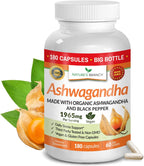 UDAF Certified Organic Ashwagandha with Black Pepper, 1965mg - Extra Strength for Stress, Sleep, Mood, Thyroid, Energy, Hair, Vegan Pure Root Extract Powder Supplement for Men and Women | 180 Capsules