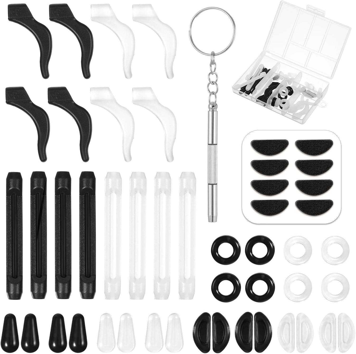 50 Piece Eyeglasses Retainers Sets Anti Slip Silicone Eyeglass Nose Pads Round Ear Gripper Holders Silicone Ear Hooks Glasses Temple Tips Sleeve for Eye Glasses Sunglasses(White, Black)