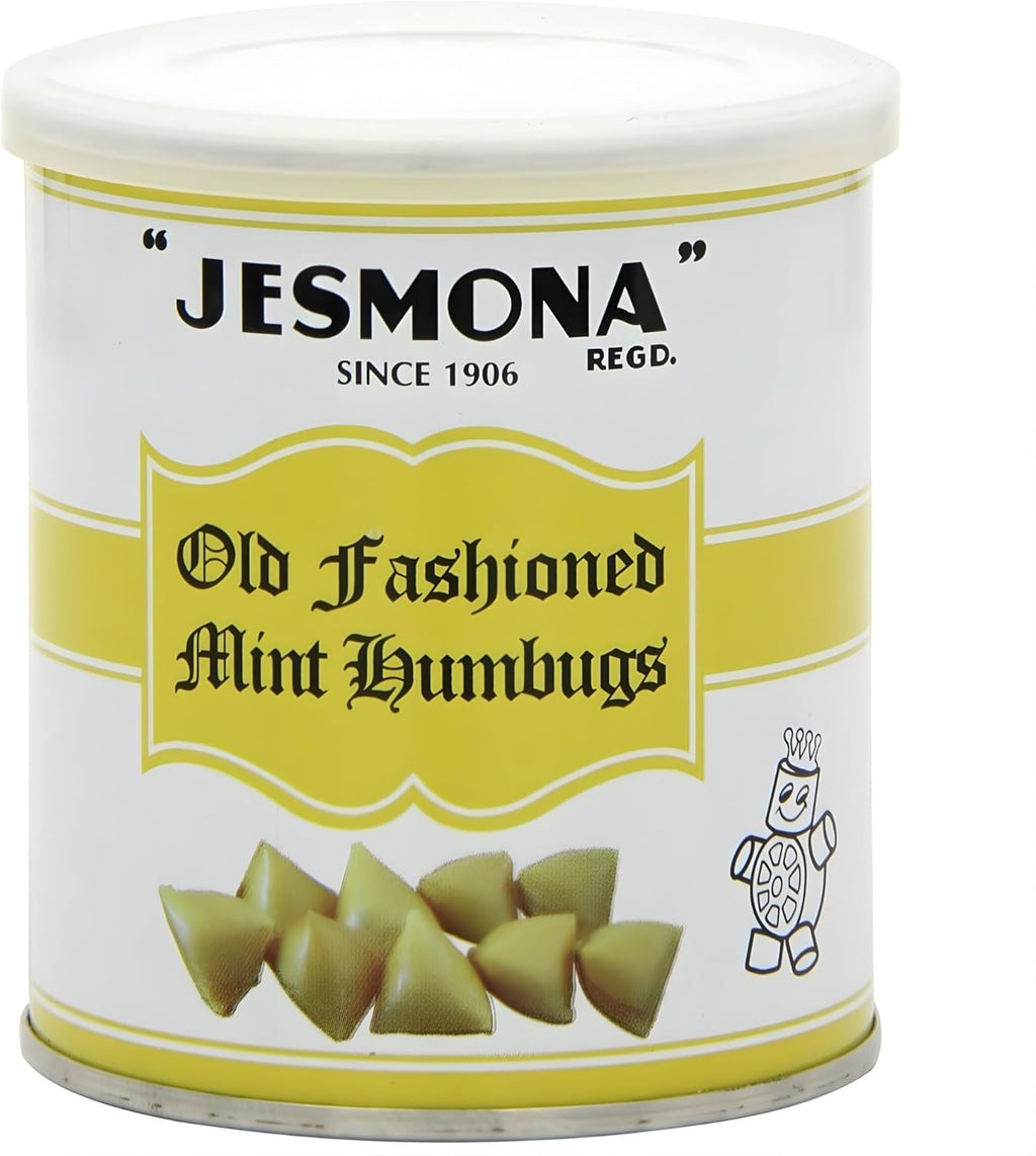 Jesmona Old Fashioned Mint Humbugs Candy Tin 250g (8.8 Oz) - English Hard Boiled Sweets with Toffee Center, Resealable British Hard Candy Gift Tin, Imported Confectionery Treat from England, UK
