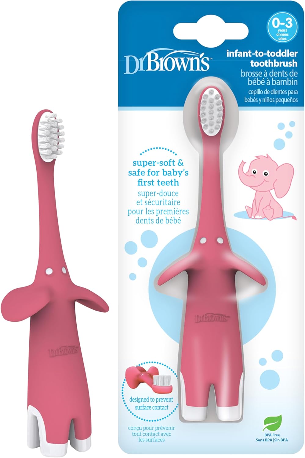 Dr. Brown's Infant-to-Toddler Toothbrush, Elephant, Pink, 0-3 Years