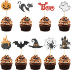 24 Pack Halloween Cupcake Toppers Set, Black Glitter Bat Spider Pumpkin Hat Ghost Cupcake Picks for Baby Shower, Halloween and Birthday Party Decorations Supplies (Multi Patterns)