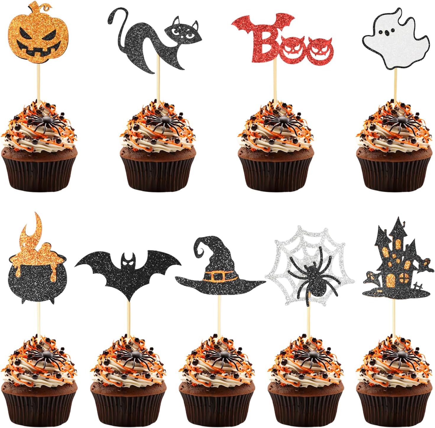 24 Pack Halloween Cupcake Toppers Set, Black Glitter Bat Spider Pumpkin Hat Ghost Cupcake Picks for Baby Shower, Halloween and Birthday Party Decorations Supplies (Multi Patterns)