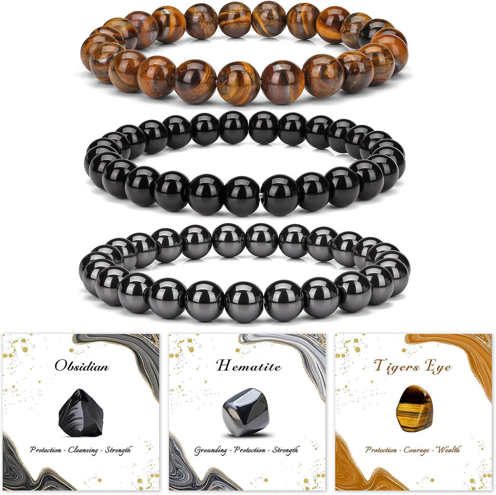 3PCS Healing Crystal Bracelets for Women Men 8mm Natural Stone Beaded Stretch Bracelet Handmade Gemstone Reiki Spiritual Jewelry Gifts