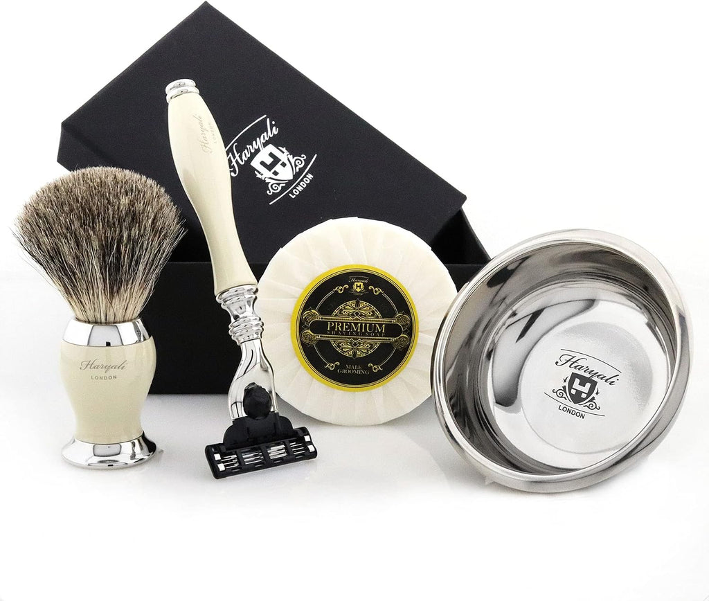 Haryali London Mens Shaving Kit 3 Edge Razor with Pure White Badger Hair Shaving Brush, Soap and Bowl Perfect Set for Men