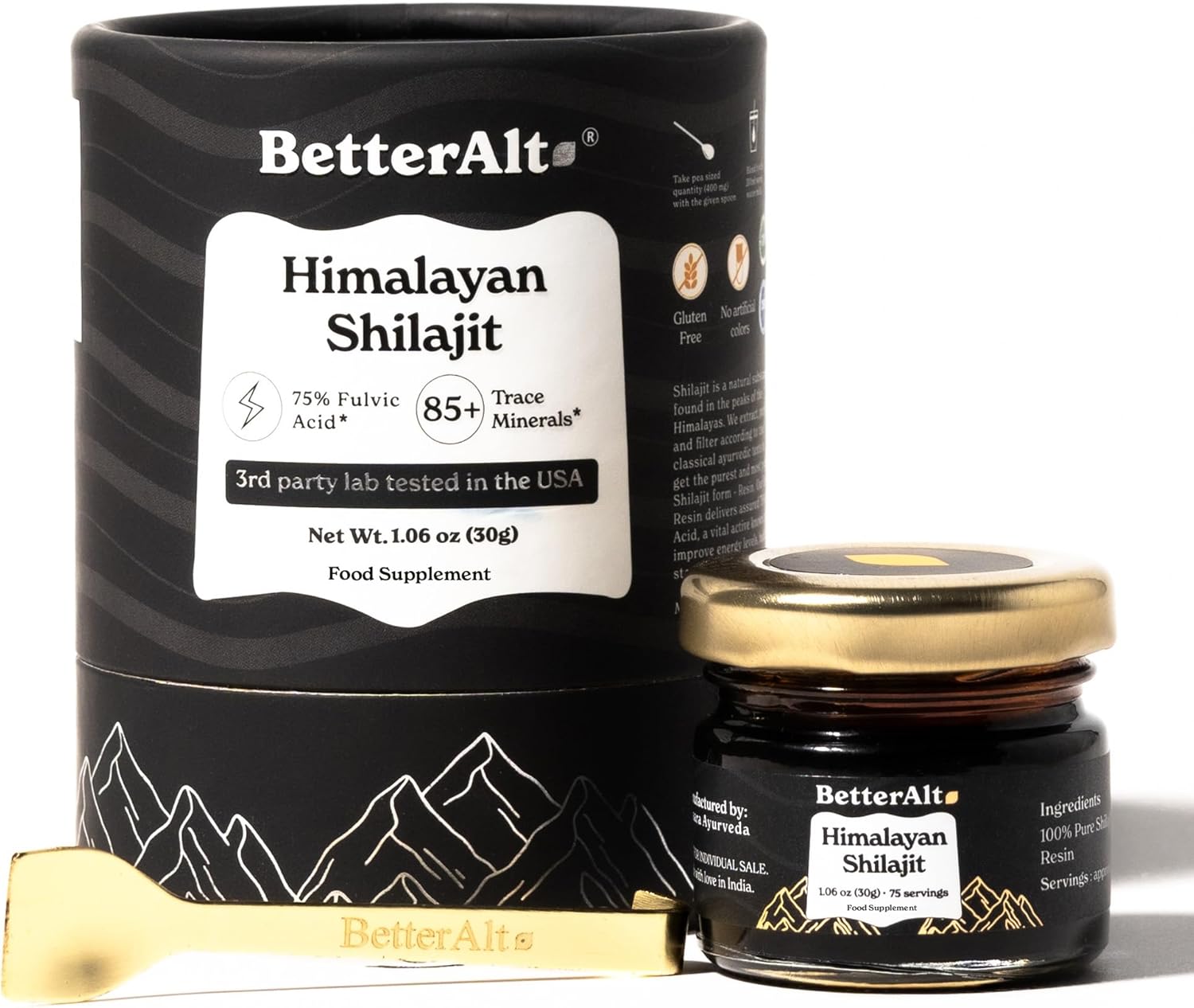 Better Alt Pure Himalayan Shilajit Resin Pack of 1 High Potency Gold Grade 75 Servings for Energy Boost & Immune Support, 85+ Trace Minerals, 75%+ Fulvic Acid, with Lab Test Report,400 mg