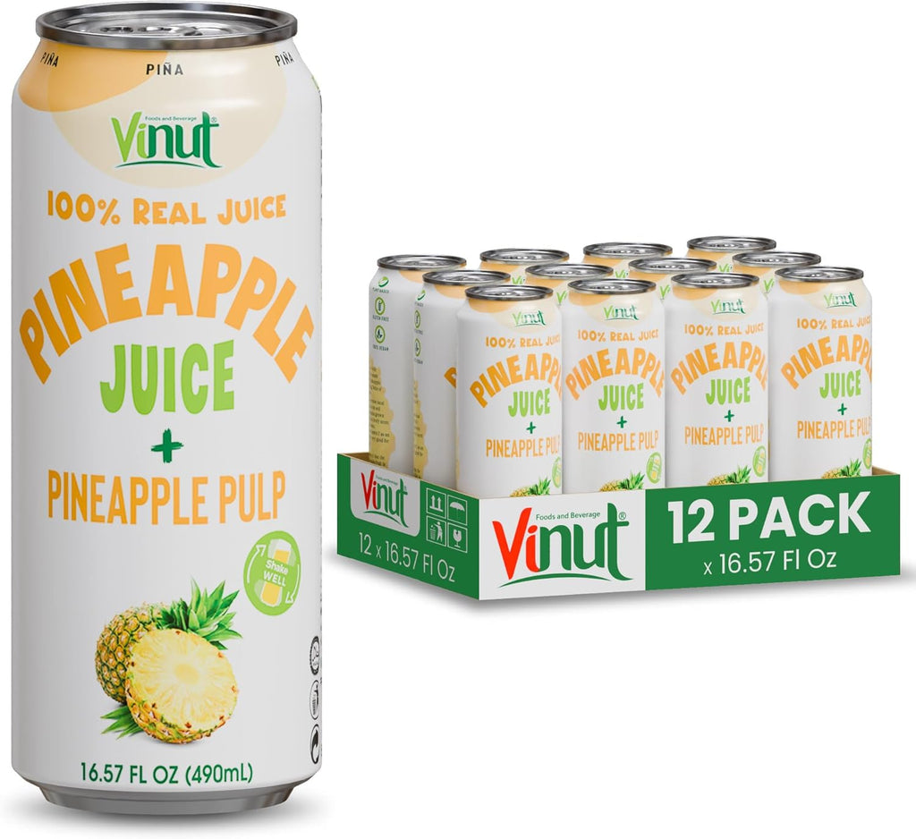 Vinut Natural Pineapple Juice Drink with Pulp, (16.57 fl oz, Pack of 12) Real Pineapple Juice, No Sugar Added, Gluten Free, GMO-Free