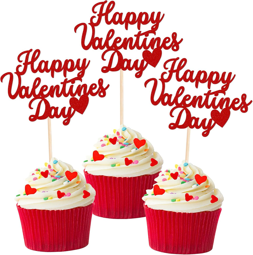 24 PCS Happy Valentine's Day Cupcake Toppers Glitter Sweet Love Be Mine Valentines Cupcake Picks Valentine's Day Theme Birthday Party Cake Decorations Supplies Red