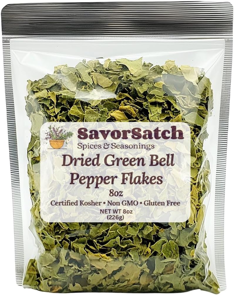 SavorSatch Dried Green Bell Pepper Flakes – 8oz Resealable Pouch | Dehydrated, Diced, Certified Kosher, Non-GMO | Perfect for Cooking, Soups, Stews, Camping, Emergency Food Supply