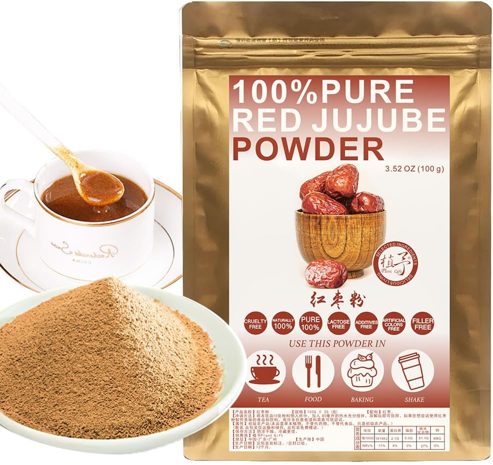 100% Pure Jujube Powder 红枣粉 Natural Powder, Great Flavor for Drinks, Smoothie, Yogurt, Baking, Cookies, Cakes and Beverages, Non-GMO Powder, No Filler, No additives 100G/3.25oz