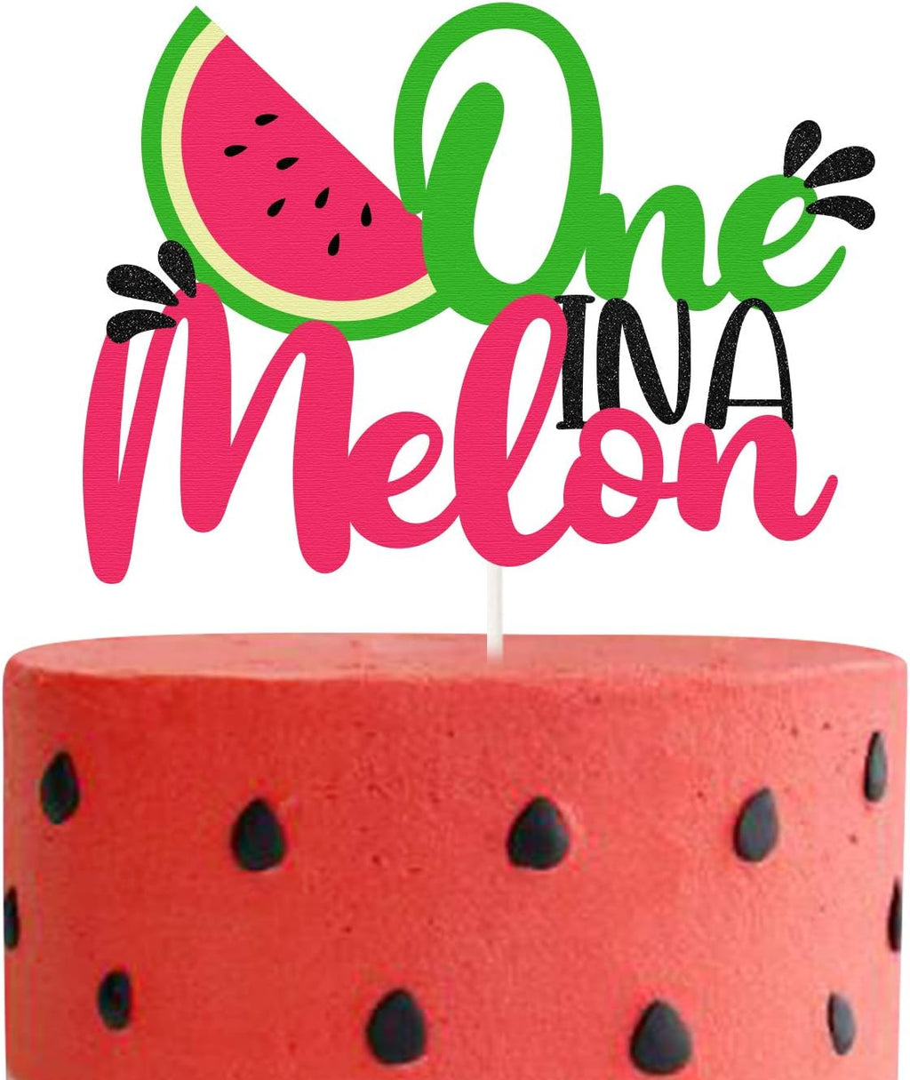 One in a Melon Cake Topper Glitter Watermelon cake Topper Watermelon Themed Kids Party Supplies Decorations for Baby Shower,1st Birthday Party Cake Decor Girl’s Birthday