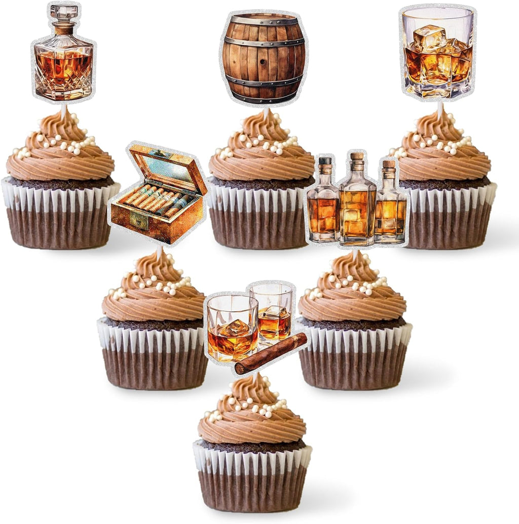 18Pcs Whiskey Cupcake Toppers Glitter Aged To Perfection Party Supplies Cheers to 30th 40th 50th 60th Birthday Cake Decorations Whiskey Theme Party Supplies