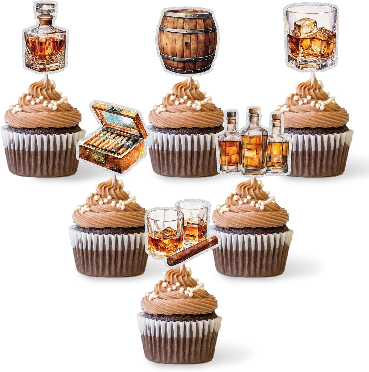 18Pcs Whiskey Cupcake Toppers Glitter Aged To Perfection Party Supplies Cheers to 30th 40th 50th 60th Birthday Cake Decorations Whiskey Theme Party Supplies