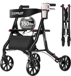 Zero Wobble Rollator Walker with Seat for Seniors, 350lb Capacity, 18" Extra Wide Seat, 8" Wheels & Dual Brake, One-Hand Folds to 9.6", 7-Level Handle Adjustable, Cup Holder & Cane Clip