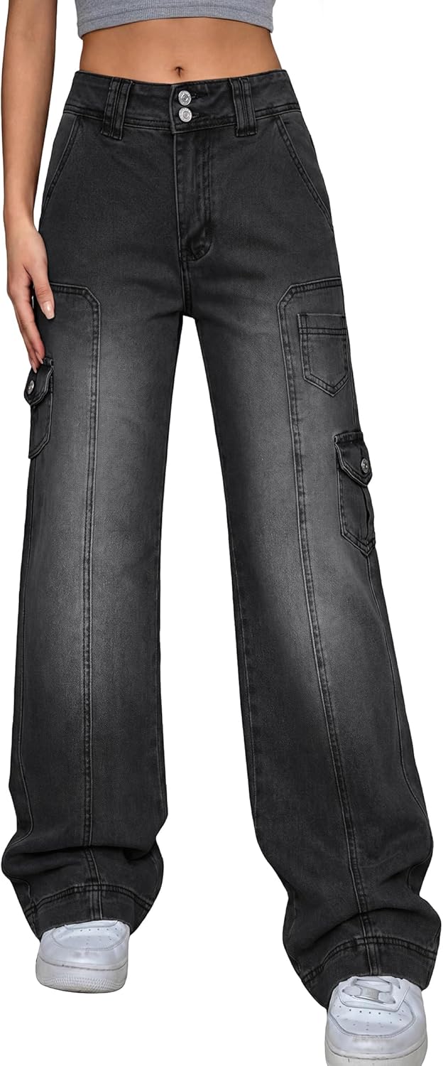 EMMIOL Cargo Pants Women Stretchy Wide Leg Baggy Jeans with Pockets Casual Trousers Y2K Vintage Streetwear Trendy 2026