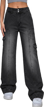 EMMIOL Cargo Pants Women Stretchy Wide Leg Baggy Jeans with Pockets Casual Trousers Y2K Vintage Streetwear Trendy 2026