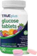 TRUEplus Glucose Tablets, Chewable, Grape, Raspberry, Orange Flavors, 15g Fast-Acting Carbohydrates, Fat Free, Gluten Free, Boost Energy, 50 Count
