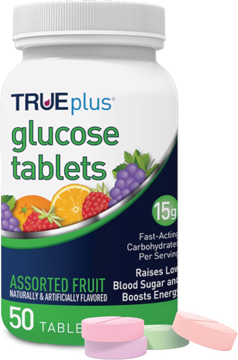 TRUEplus Glucose Tablets, Chewable, Grape, Raspberry, Orange Flavors, 15g Fast-Acting Carbohydrates, Fat Free, Gluten Free, Boost Energy, 50 Count