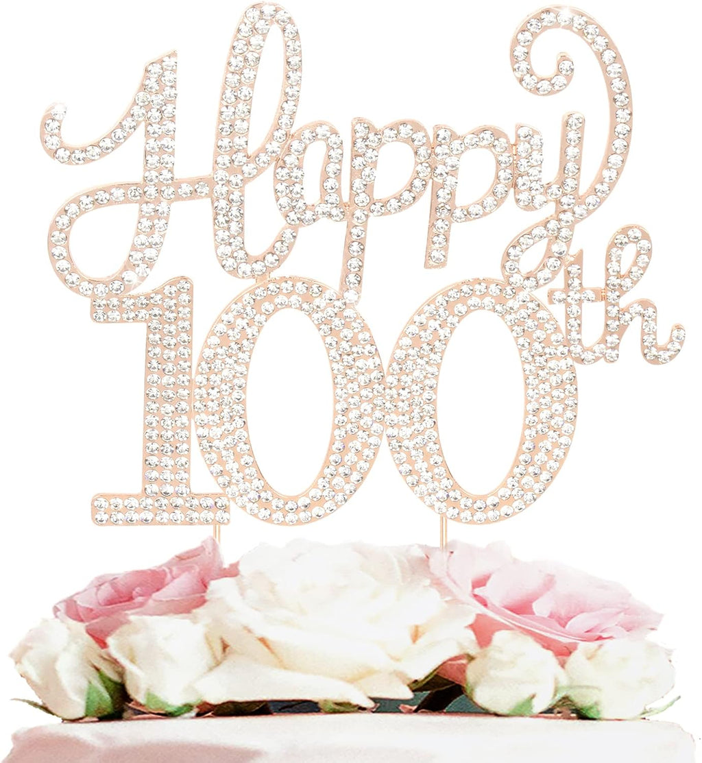 LASKYER Happy 100th Birthday Decorations,100th Birthday Gold Rhinestone Cake Topper - Cheers to 100 Years Old Bday Party Metal Sparkly Cake Centerpieces Sign.